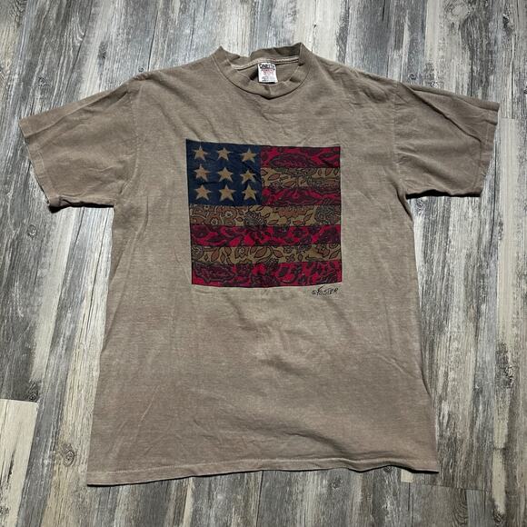 Oneida Tops - Vintage 90s Women's Large American Flag Cottage Core Crafty T-Shirt Antiqued